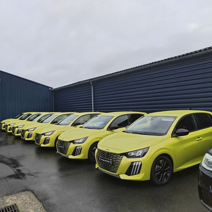 Neuf Peugeot 208 jaunes neuves alignées devant un bâtiment bleu