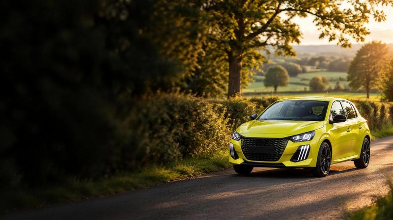 Une Peugeot 208 jaune sur une route de campagne bordée de haies, lumière dorée