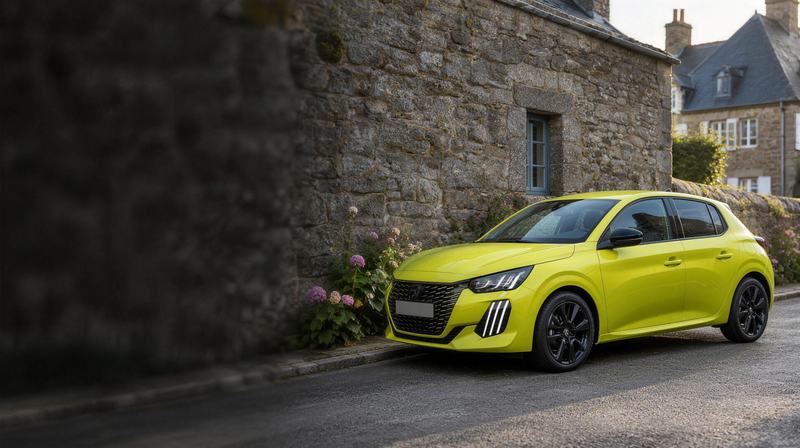 Une Peugeot 208 jaune garée le long d'un mur de granite, dans une rue calme