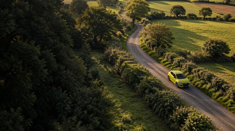 Une Peugeot 208 jaune sur une route qui serpente dans le bocage, vue du ciel