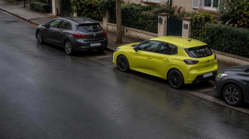 Une Peugeot 208 jaune qui se gare en créneau le long d'un trottoir