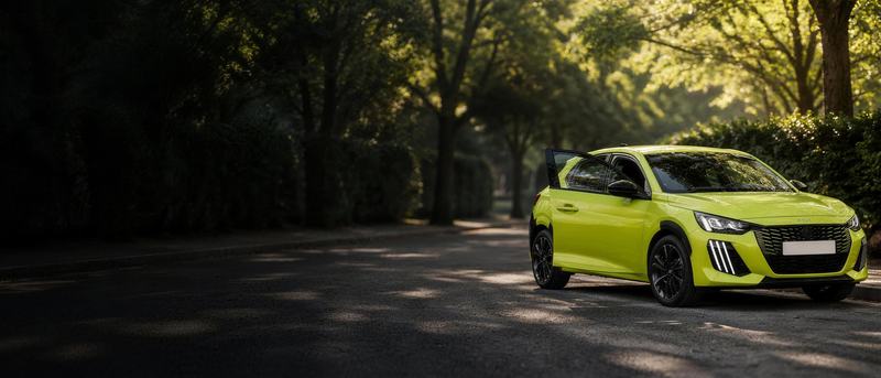 Une Peugeot 208 jaune garée, portière conducteur ouverte, au bout d'une rue arborée