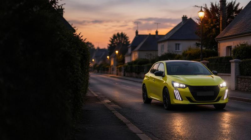 Une Peugeot 208 jaune phares allumés dans une rue résidentielle au crépuscule