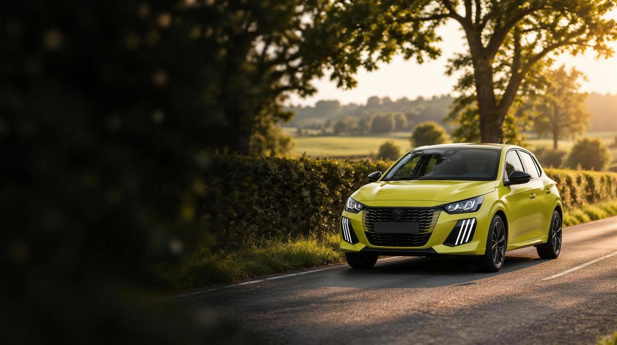 Une Peugeot 208 jaune de l'auto-école sur une route de campagne, en fin de journée